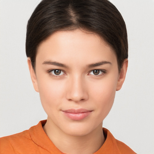 Neutral white young-adult female with short  brown hair and brown eyes