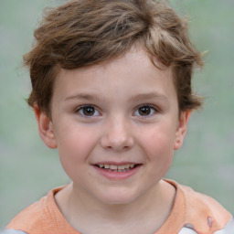 Joyful white child female with short  brown hair and brown eyes