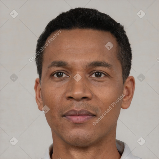 Neutral black adult male with short  black hair and brown eyes