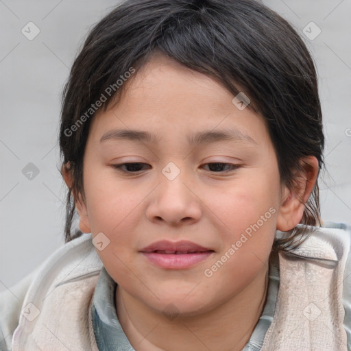 Joyful white child female with medium  brown hair and brown eyes