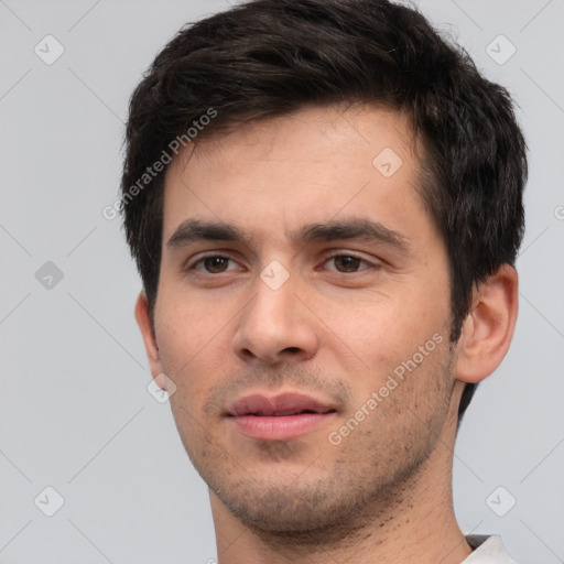 Neutral white young-adult male with short  brown hair and brown eyes