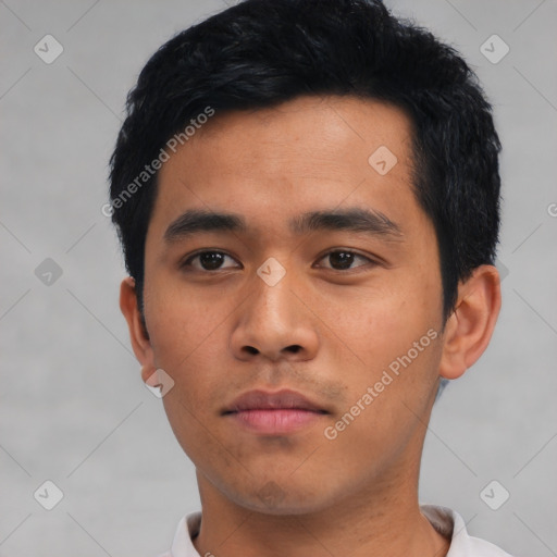 Neutral asian young-adult male with short  black hair and brown eyes