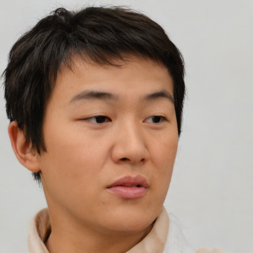 Neutral asian young-adult male with short  brown hair and brown eyes