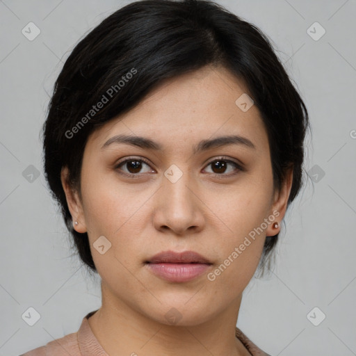 Joyful asian young-adult female with medium  black hair and brown eyes