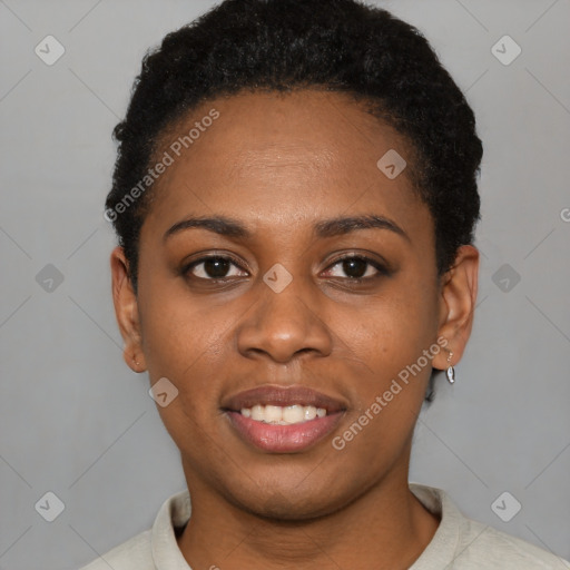 Joyful latino young-adult female with short  black hair and brown eyes