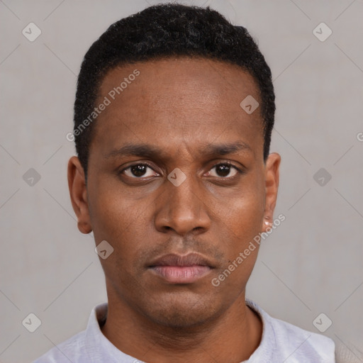 Neutral latino young-adult male with short  black hair and brown eyes