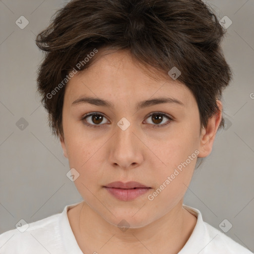 Neutral white young-adult female with medium  brown hair and brown eyes