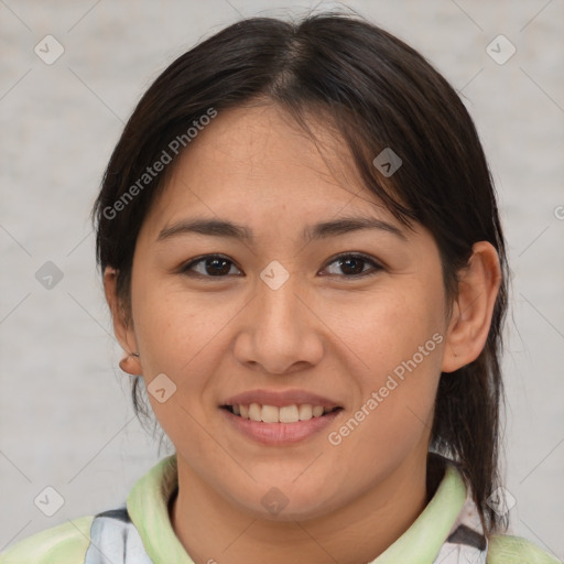 Joyful white young-adult female with medium  brown hair and brown eyes