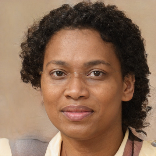 Joyful black adult female with short  brown hair and brown eyes