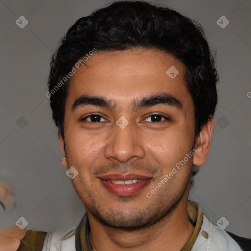 Joyful latino young-adult male with short  black hair and brown eyes