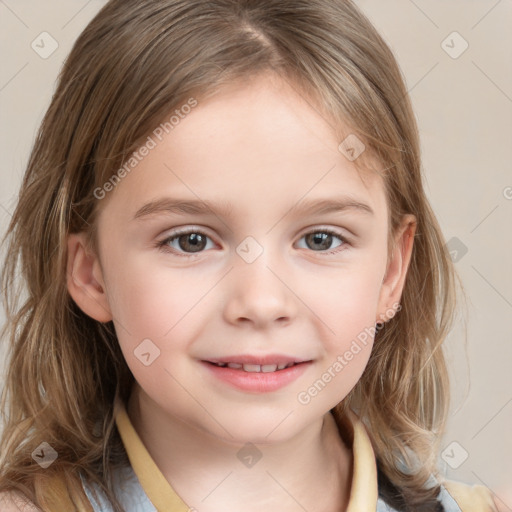 Joyful white child female with medium  brown hair and brown eyes