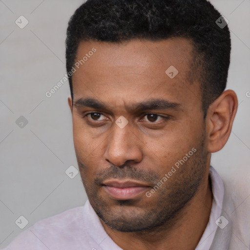 Neutral latino young-adult male with short  black hair and brown eyes