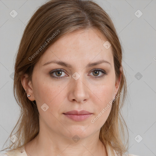 Neutral white young-adult female with medium  brown hair and grey eyes