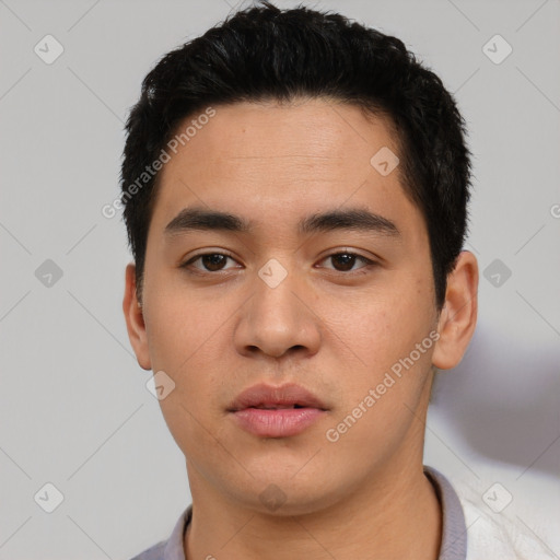 Neutral white young-adult male with short  black hair and brown eyes