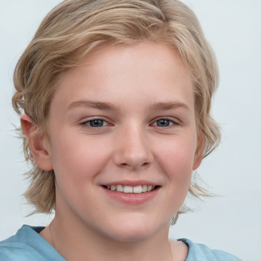 Joyful white child female with medium  brown hair and blue eyes