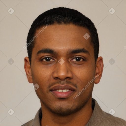 Neutral latino young-adult male with short  black hair and brown eyes
