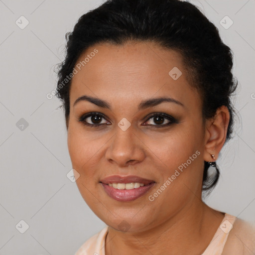 Joyful latino young-adult female with medium  brown hair and brown eyes