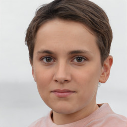 Neutral white young-adult female with short  brown hair and grey eyes