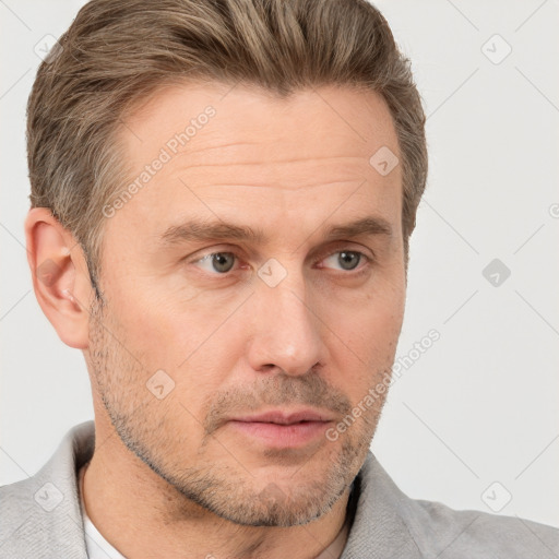 Neutral white adult male with short  brown hair and brown eyes