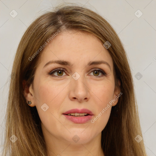 Joyful white adult female with long  brown hair and brown eyes