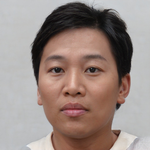 Neutral asian young-adult female with short  brown hair and brown eyes