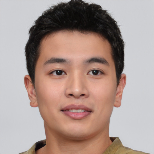 Neutral asian young-adult male with short  brown hair and brown eyes
