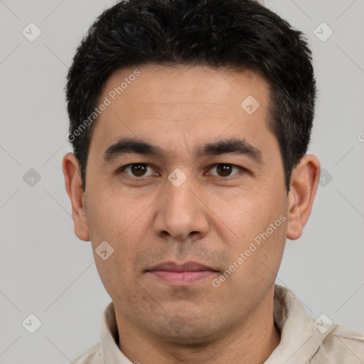 Neutral white young-adult male with short  black hair and brown eyes