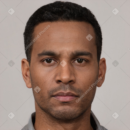 Neutral latino young-adult male with short  black hair and brown eyes