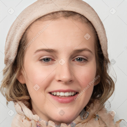 Joyful white young-adult female with medium  brown hair and blue eyes