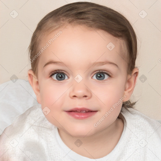 Joyful white child female with medium  brown hair and blue eyes