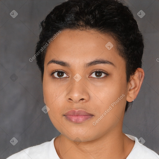 Neutral latino young-adult female with short  black hair and brown eyes