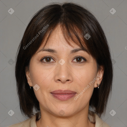 Joyful white adult female with medium  brown hair and brown eyes