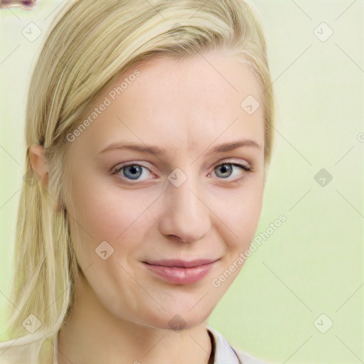 Joyful white young-adult female with long  brown hair and blue eyes