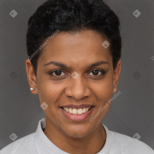 Joyful black young-adult female with short  brown hair and brown eyes