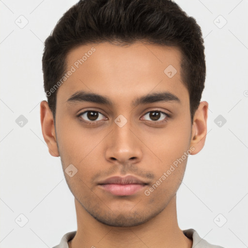 Neutral latino young-adult male with short  brown hair and brown eyes