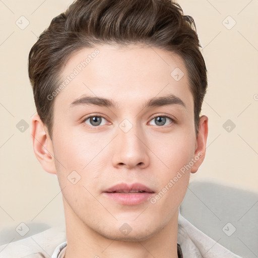 Neutral white young-adult male with short  brown hair and brown eyes