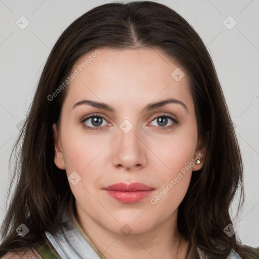 Neutral white young-adult female with medium  brown hair and brown eyes