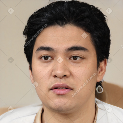 Neutral latino young-adult male with short  black hair and brown eyes