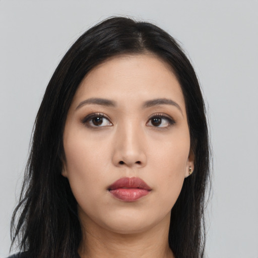 Neutral asian young-adult female with long  black hair and brown eyes