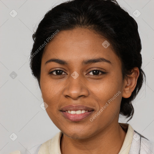 Joyful latino young-adult female with medium  brown hair and brown eyes