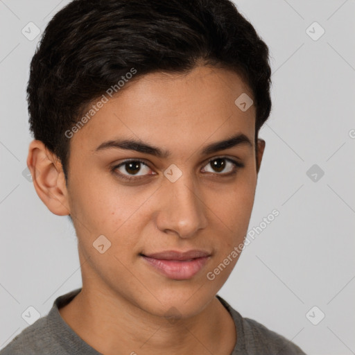 Joyful latino young-adult female with short  brown hair and brown eyes