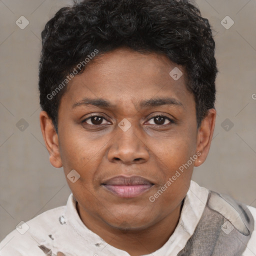 Joyful black young-adult male with short  brown hair and brown eyes