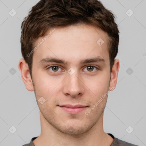 Neutral white young-adult male with short  brown hair and brown eyes