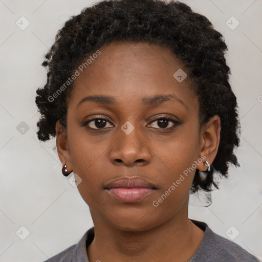 Neutral black young-adult female with short  black hair and brown eyes