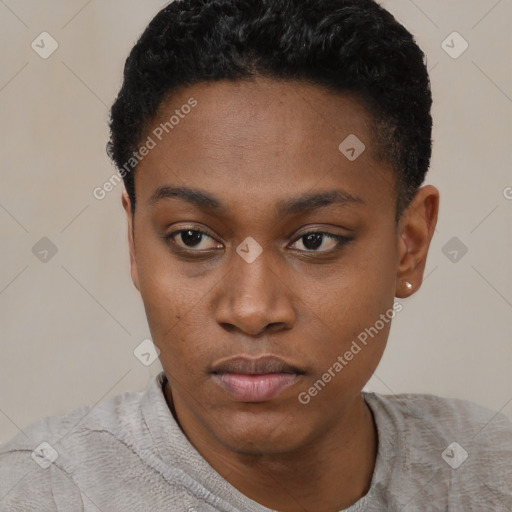 Neutral black young-adult female with short  black hair and brown eyes