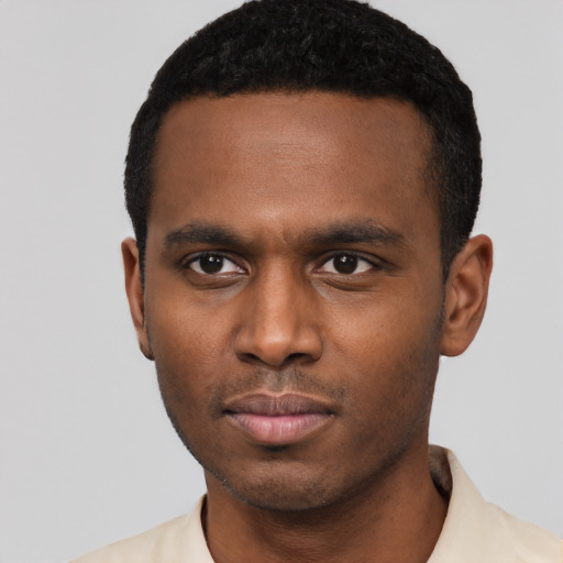 Neutral black young-adult male with short  black hair and brown eyes