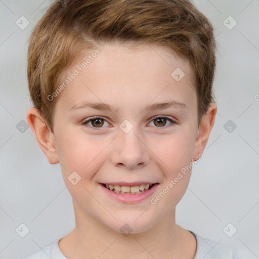 Joyful white child female with short  brown hair and brown eyes