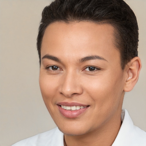 Joyful white young-adult female with short  brown hair and brown eyes