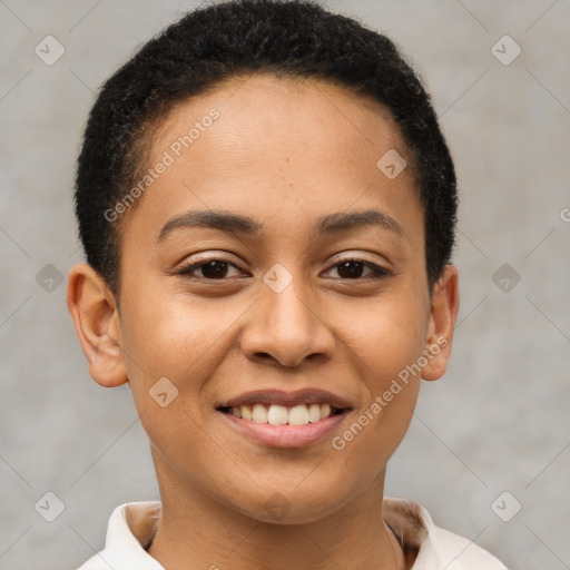 Joyful latino young-adult female with short  brown hair and brown eyes