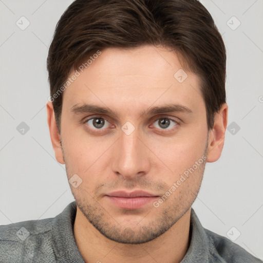 Neutral white young-adult male with short  brown hair and grey eyes